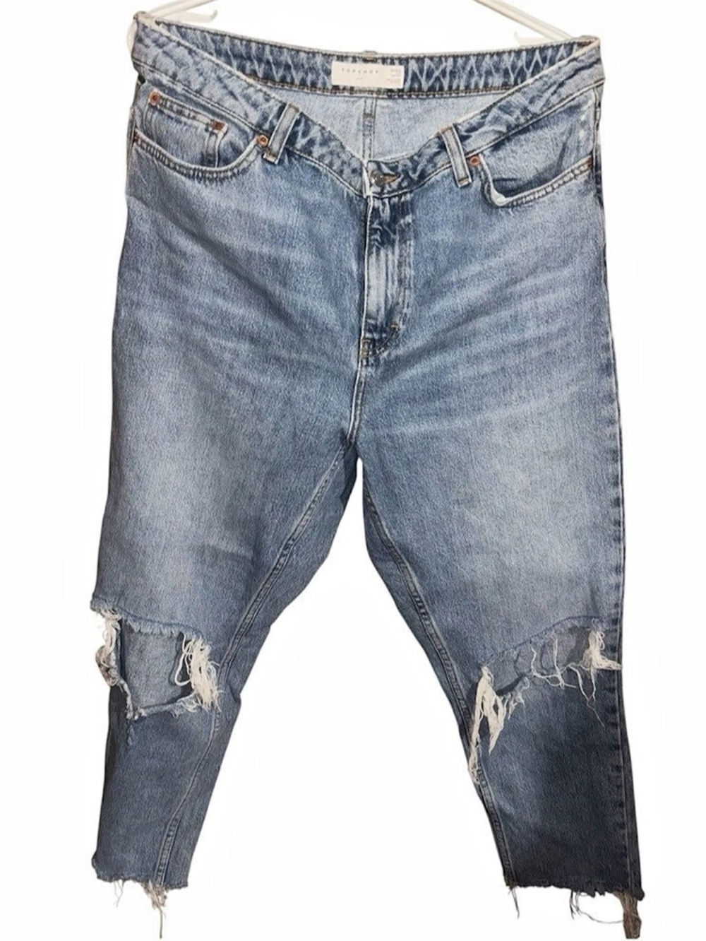 Topshop Mom Distressed Jeans in Blue Waist 34